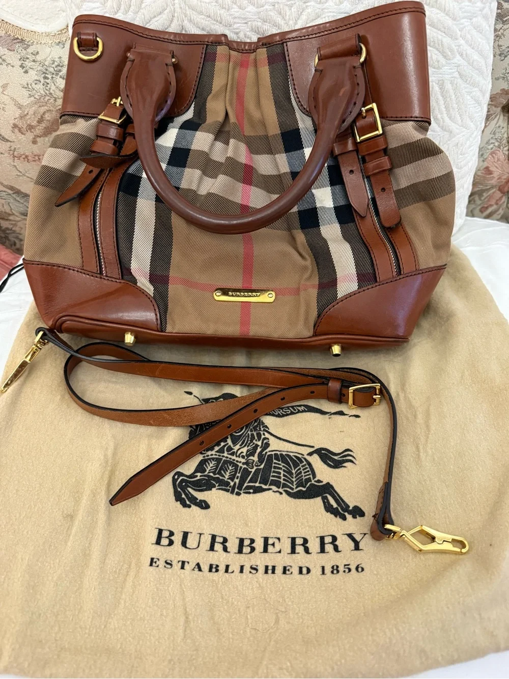 Burberry Tan Check Canvas Tote with Brown Leather Trim and Gold Hardware